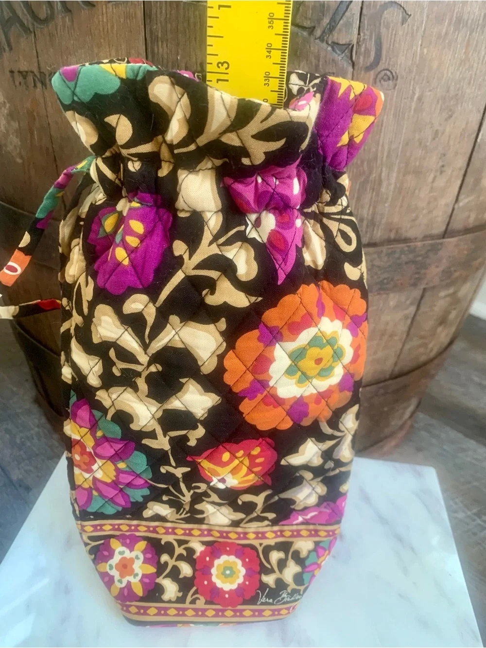 Vera Bradley Boho Black Floral Drawstring Cheers to You Quilted Bottle Bag